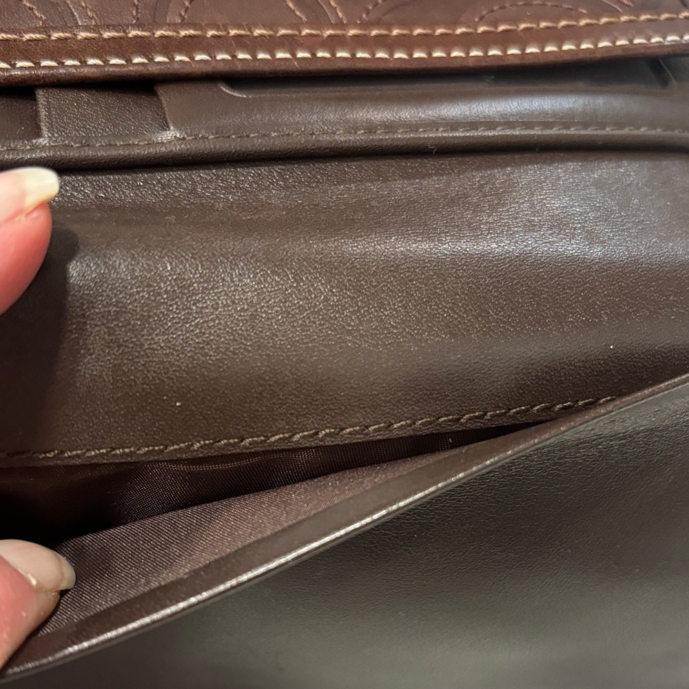 Coach Dark Brown Embossed Signature Leather Wallet with Gold Snap - Picture 6 of 13